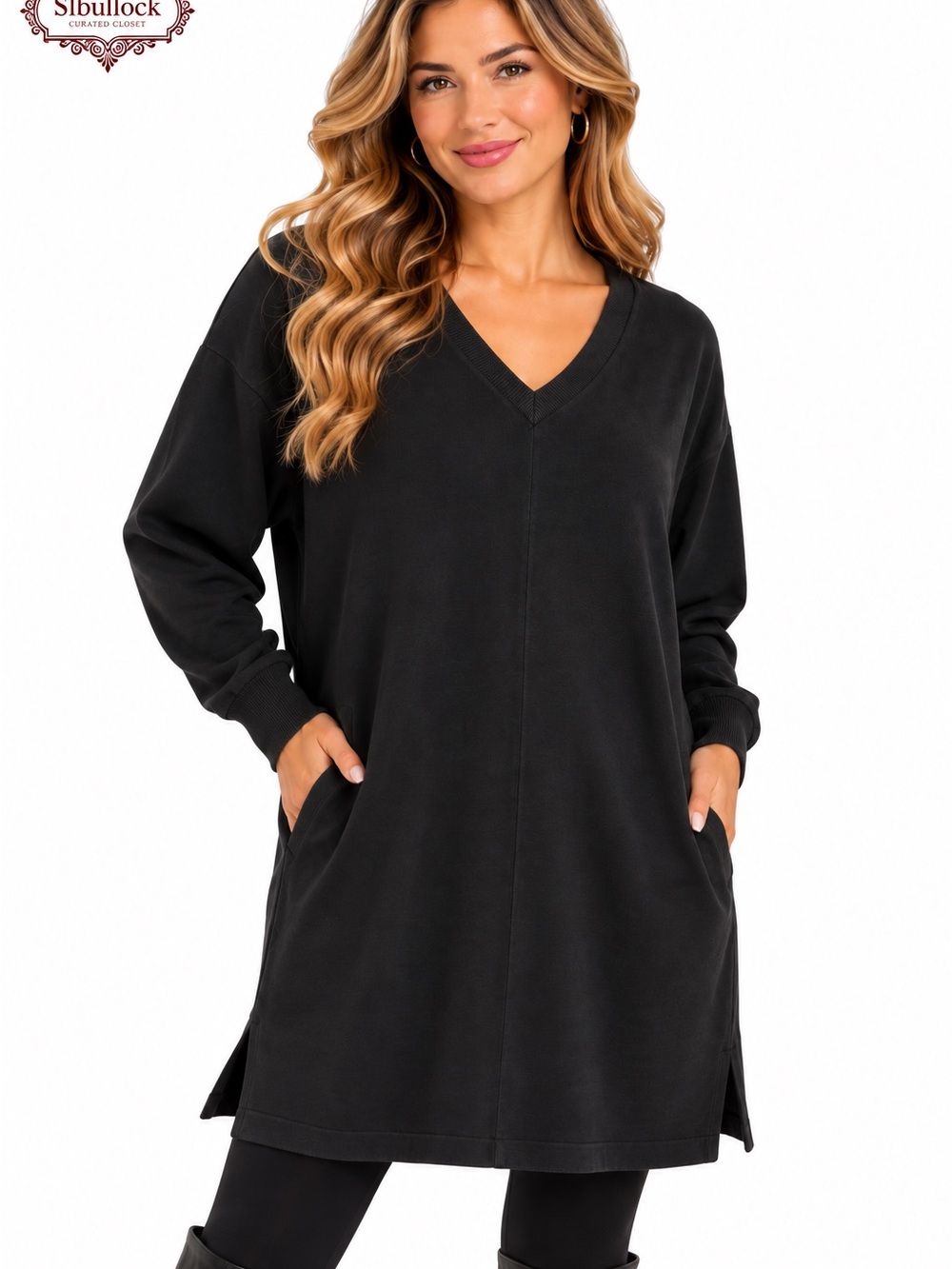 L3 Lands’ End oversized V-neck tunic sweater dress in classic black. Made from 1
